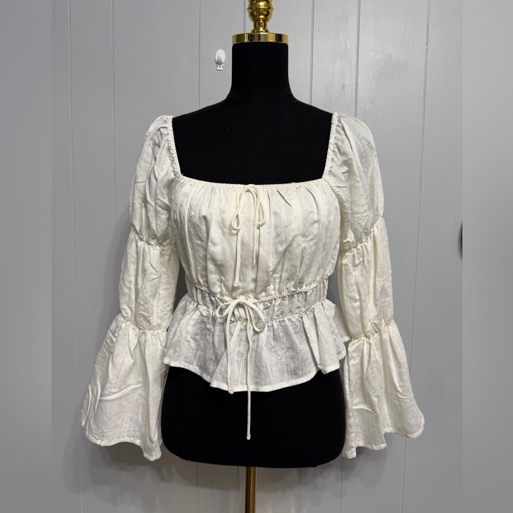 Lush Cream Peasant Blouse with Puff Sleeves